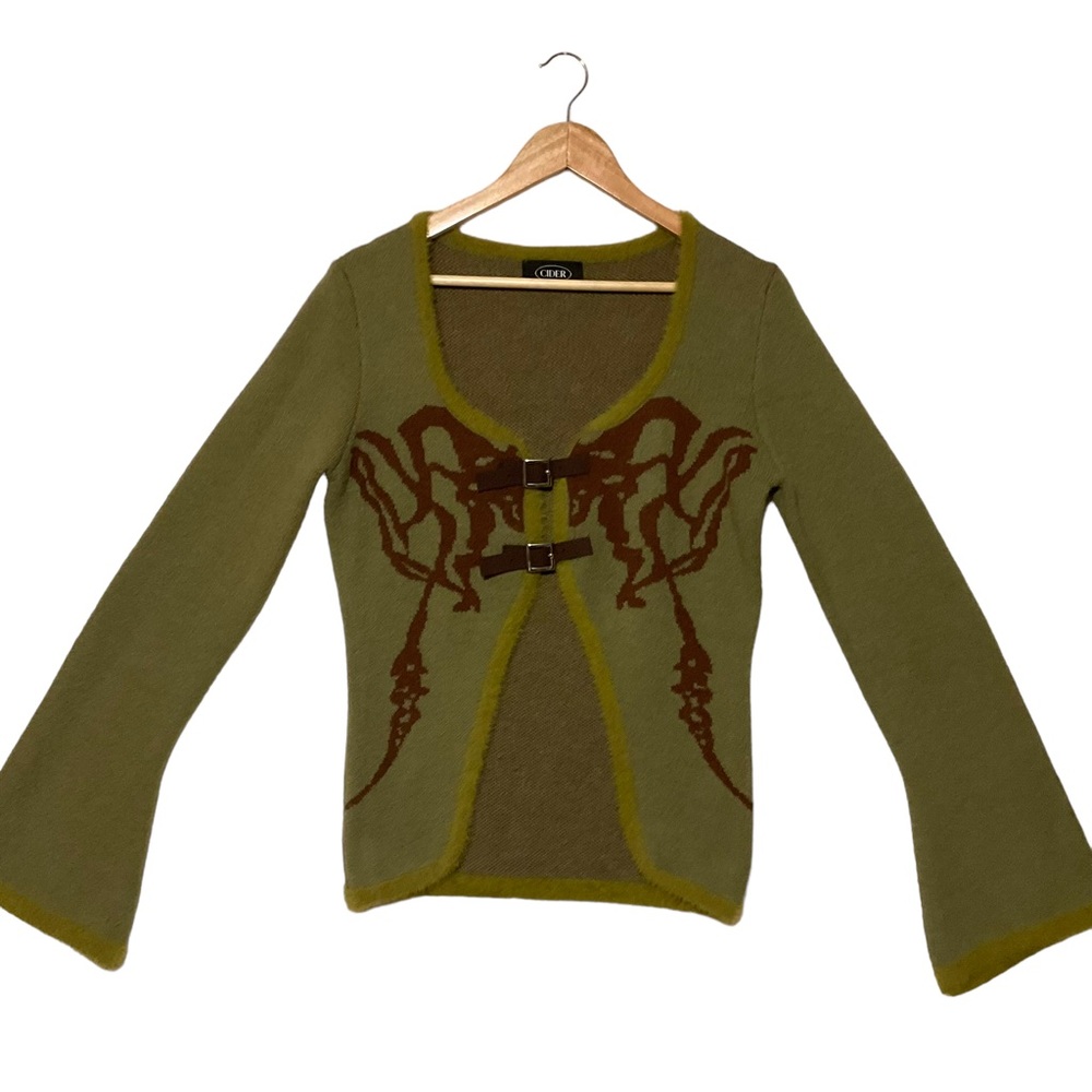 Cider Olive Green & Brown Buckle-Front Cardigan w/ Bell Sleeves - Picture 3 of 7